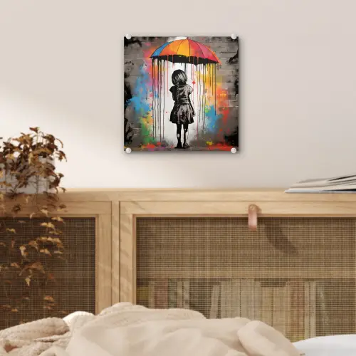 Meisje - Kunst - Paraplu - Graffiti - Kleuren - Muur plexiglas 5mm klein -sfeer4