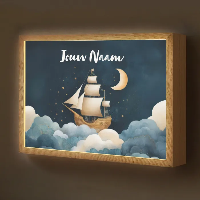 Zeilschip - Sterrenhemel - Wolken - Blauw Light Box met batterij (Wandlamp kind) middel -z3d_website