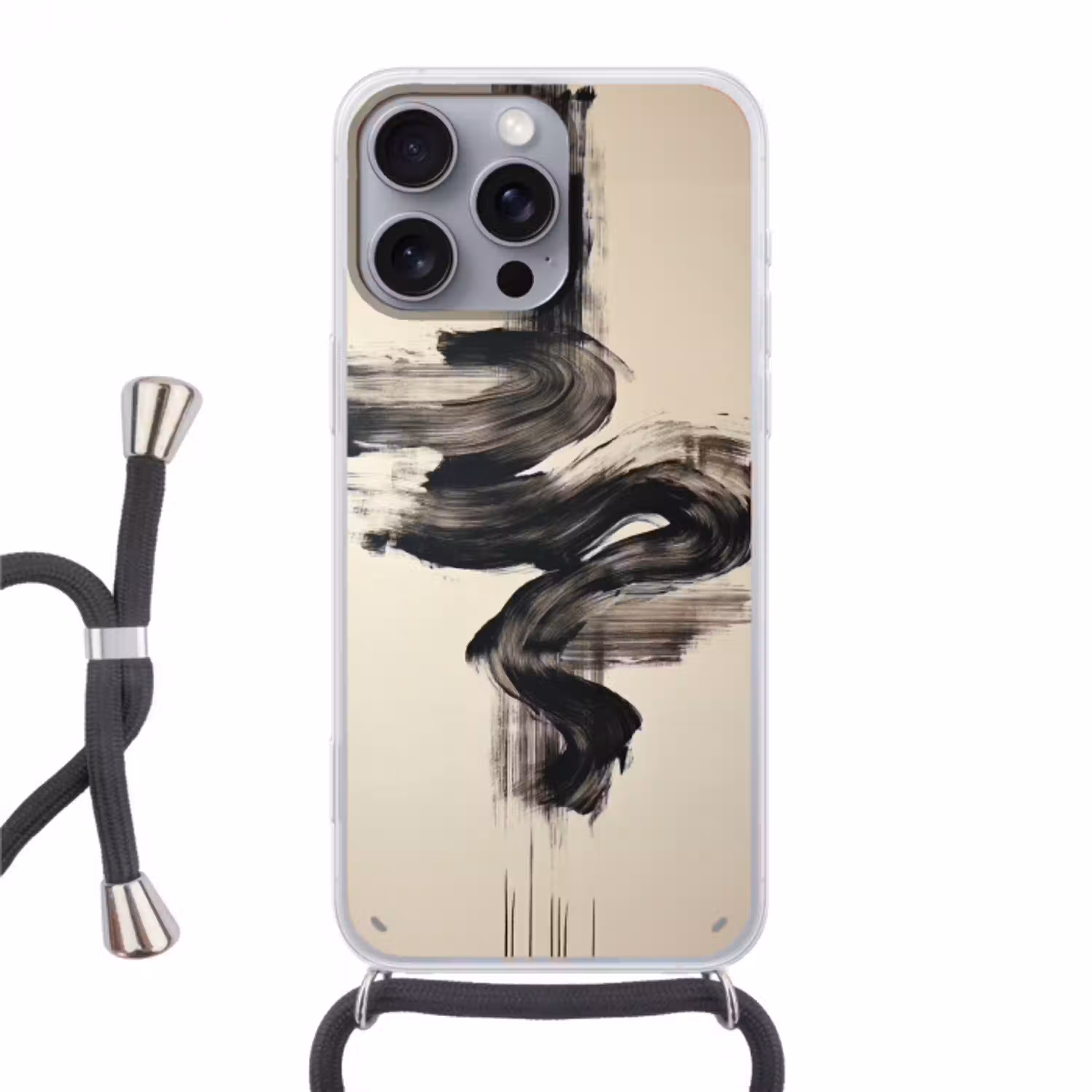 Golven - Penseelstreken - Beige - Minimalistisch Hoesje iPhone 16 Pro Max met koord klein -3d