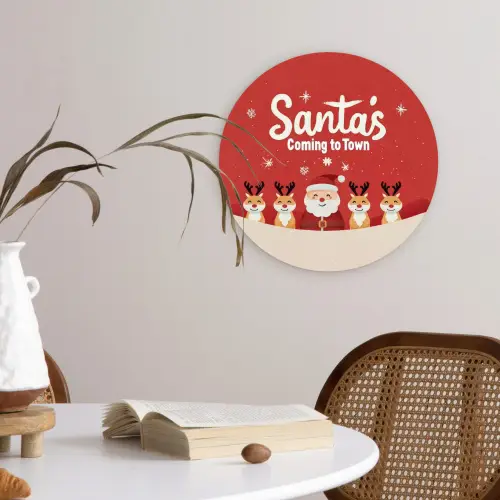Illustratie - Kerstman - Rendieren - Rood Wandcirkel kunststof plaat 5mm dik klein -sfeer4