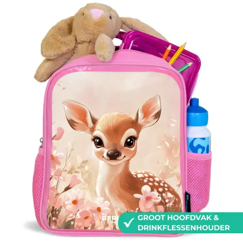 Hertje - Ogen - Stippen - Bloemen Kinderrugzak - Roze middel -inhoud_NL