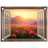 Doorkijk - Klaprozen - Bloemen - Rood - Open raam tuinposter los doek klein -3d