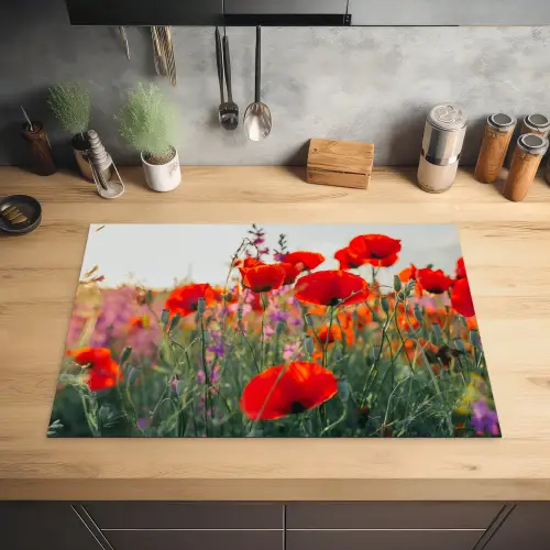 Klaproos - Bloemen - Rood - Paars - Weide Inductie beschermer vinyl 3mm klein -sfeer5