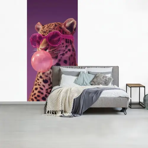 Panter - Zonnebril - Kauwgombel - Roze fotobehang vinyl groot -slaapkamer