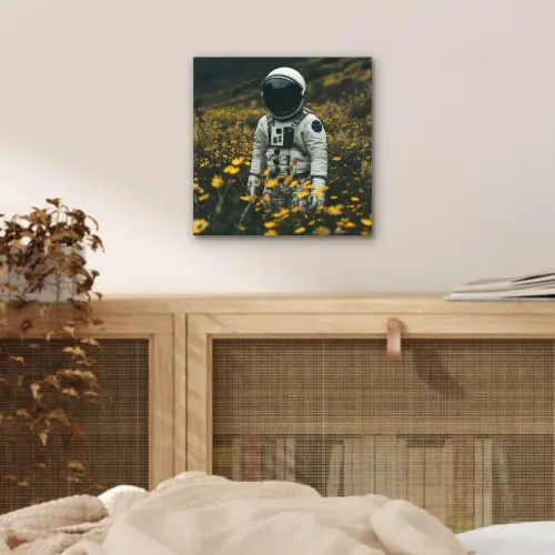 Astronaut - Bloemen - Veld - Geel aluminium wit klein -sfeer3