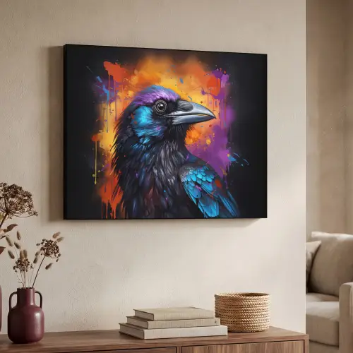 Vogel - Kraai - Graffiti - Zwart - Dieren Textielframe zwart klein -sfeer3