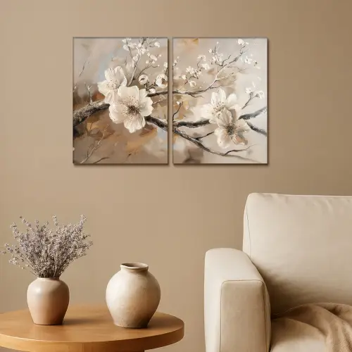 Bloesem - Beige - Abstract - Bloemen Canvas - Meerluiken 2 luik klein -sfeer1