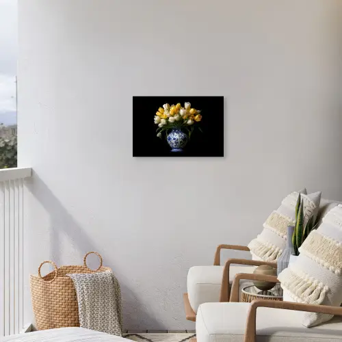 Geel - Tulpen - Vaas - Bloemen Tuinposter op houten frame 2 cm dik klein -sfeer1