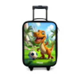 Dino met een voetbal in groen landschap Kinderkoffer - Zwart klein -3d