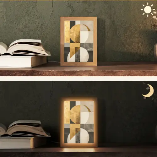Abstract - Goud - Grijs - Vormen - Geometrisch Light Box met kabel (Tafellamp) klein -sfeer3