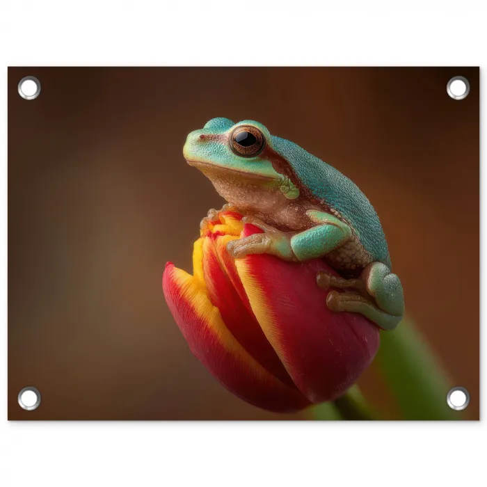 Close-up - Kikker - Tulp - Rood tuinposter los doek klein -3d