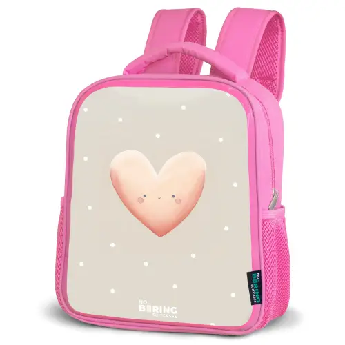 Roze hart omringd door beige stippen Kinderrugzak - Roze middel -schuin
