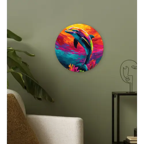 Dolfijn - Kleurrijk - Oceaan - Koraal Wandcirkel plexiglas klein -sfeer3