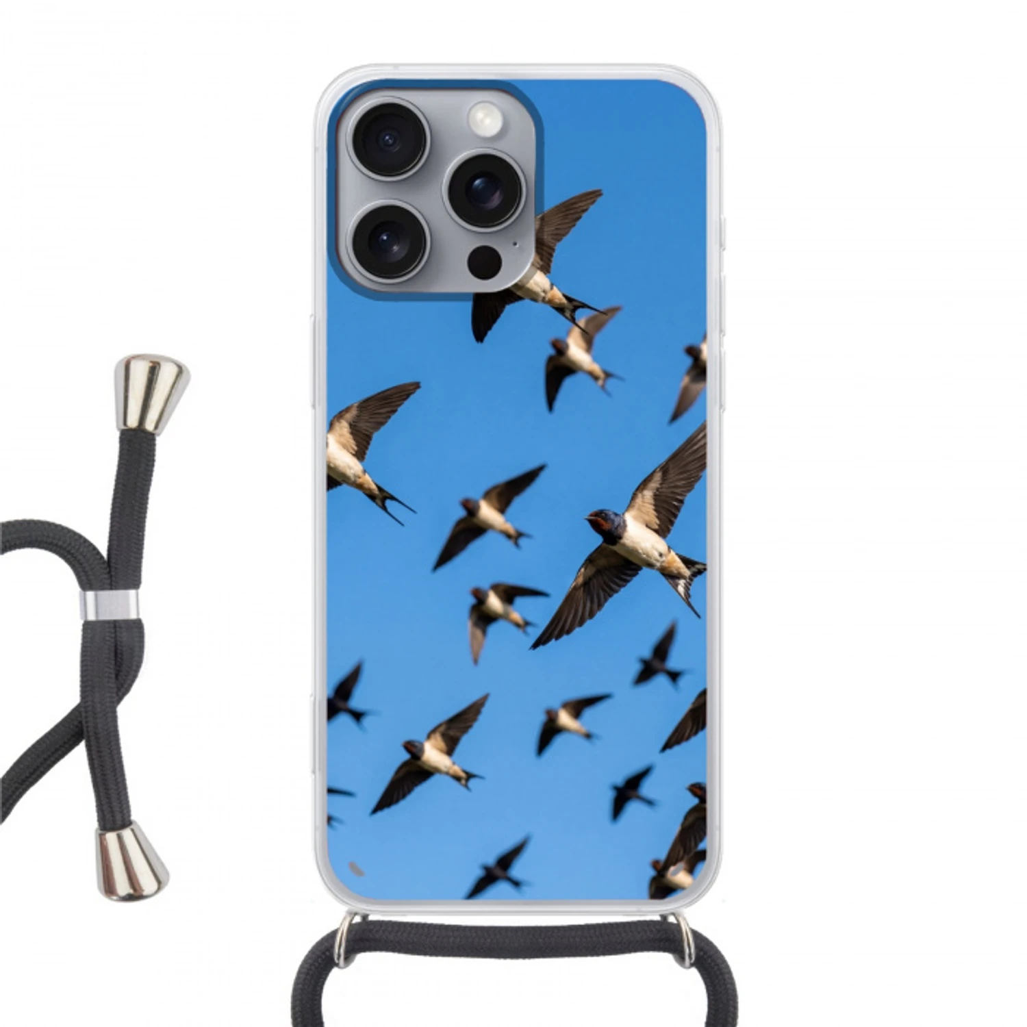Zwaluwen - Vliegen - Blauw Hoesje iPhone 16 Pro Max met koord klein -3d