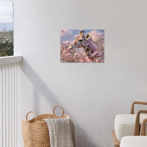 Giraffe - Bloemen - Roze tuinposter los doek klein -sfeer8