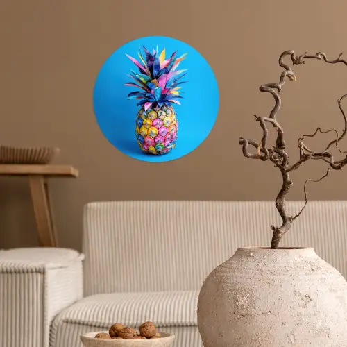 Ananas - Blauw - Tropisch - Vrolijk Wandcirkel behangsticker klein -sfeer1