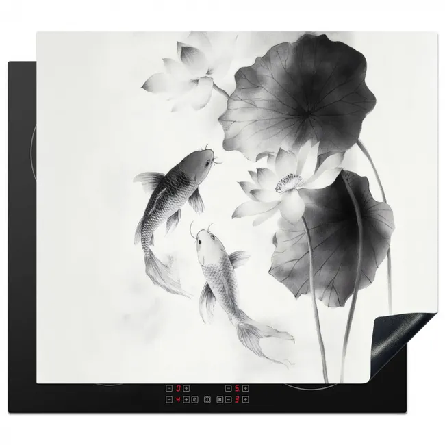 Lotusbloemen - Vissen - Bladeren - Zwart Inductie beschermer vinyl 3mm middel -3d