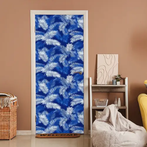 Palmblad - Patroon - Blauw deurposter klein 289 -sfeer1