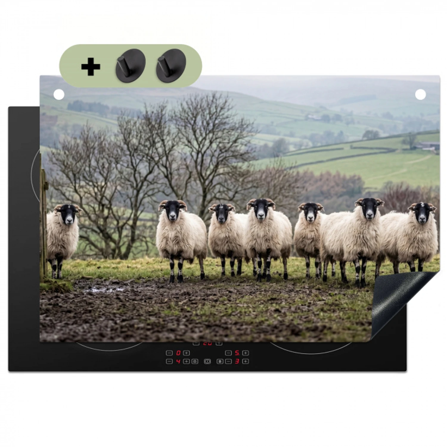 Schapen - Rij - Weide - Dieren - Platteland Inductie beschemer met haakjes klein -3d