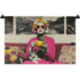 Vrouw - Kat - Bloemen - Kopje - Retro Wandkleed katoen klein -zz3d