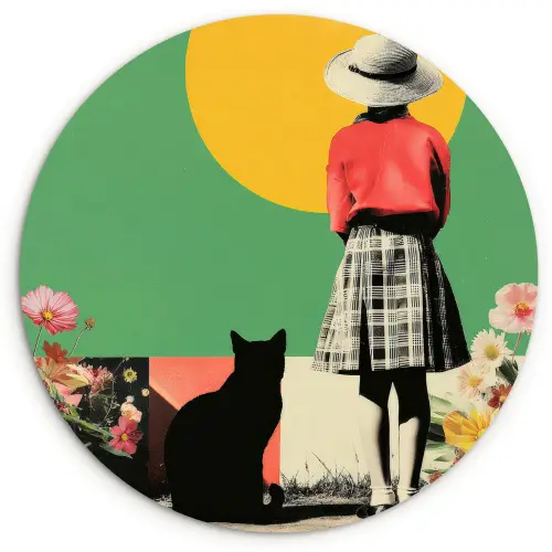 Retro - Meisje - Kat - Zon Wandcirkel kunststof plaat 5mm dik klein -3d