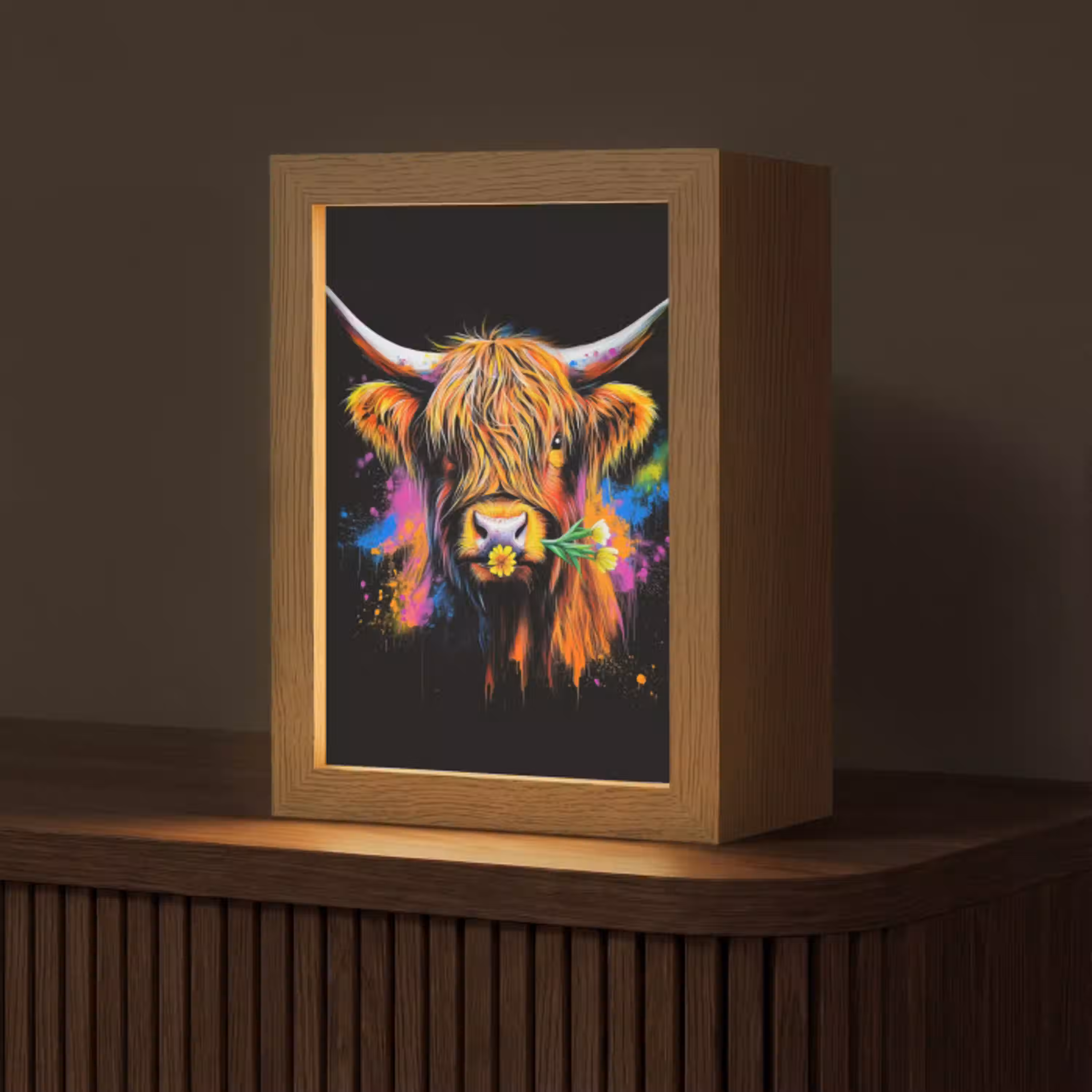 Schotse Hooglander - Graffiti - Kleurrijk - Bloem - Dieren Light Box met kabel (Tafellamp) klein -z3d_website