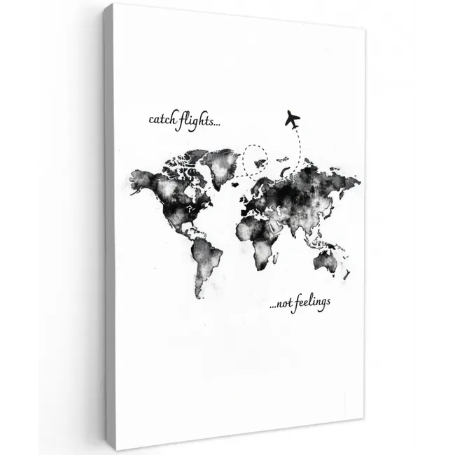 Zwart - Quote - Wereldkaart - Vliegen Tuinposter op houten frame 2 cm dik middel -3d