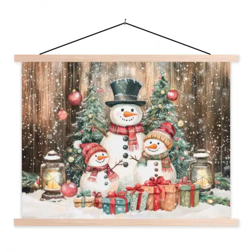 Sneeuwpop - Familie - Kleurrijk textielposter latten blank klein -3d