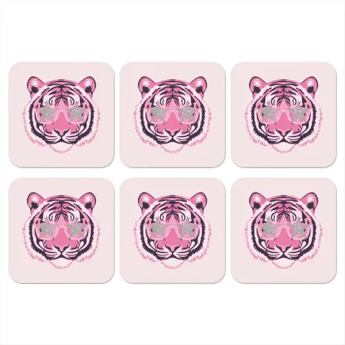 Tijger - Glitterzonnebril - Roze onderzetter kurk middel -3d