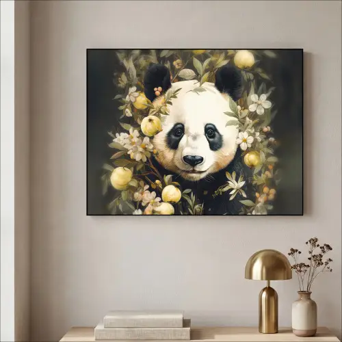 Panda - Pandabeer - Wilde dieren - Natuur - Bloemen Textielframe zwart klein -sfeer2