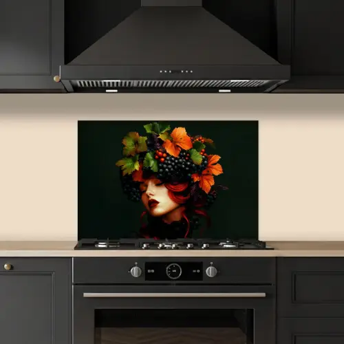 Vrouw - Rood - Groen - Druiven keuken achterwand spatscherm klein -sfeer1