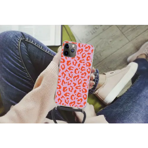 Panterprint - Rood - Paars - Roze - Dierenprint Hoesje iPhone 12 Pro met koord klein -hand