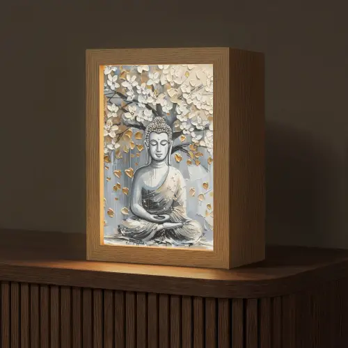 Boeddha - Bloemen - Boom - Goud - Modern Light Box met kabel (Tafellamp) klein -z3d_website