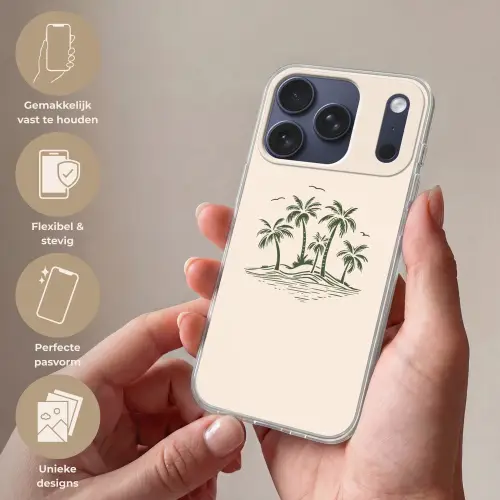 Palmbomen - Strand - Beige - Groen - Tropisch Telefoonhoesje iPhone 17 Pro klein -sfeer3_NL