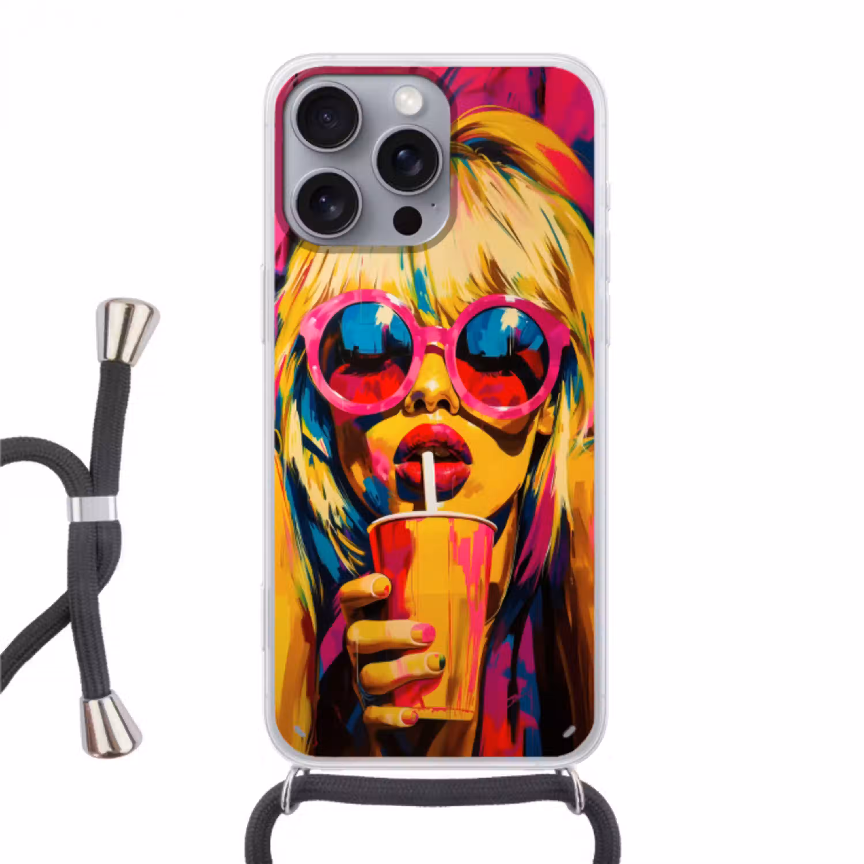 Zonnebril - Roze - Vrouw - Rietje Hoesje iPhone 16 Pro Max met koord klein -3d