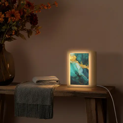 Marmer - Goud - Blauw groen - Abstract - Turquoise Light Box met kabel (Tafellamp) klein -sfeer4