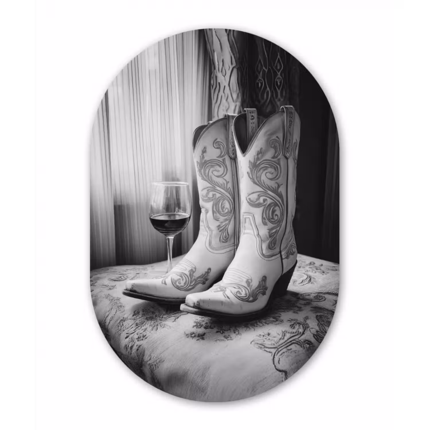 Glasbild Oval - Wein - Cowboystiefel - Fensterlicht - Weiß