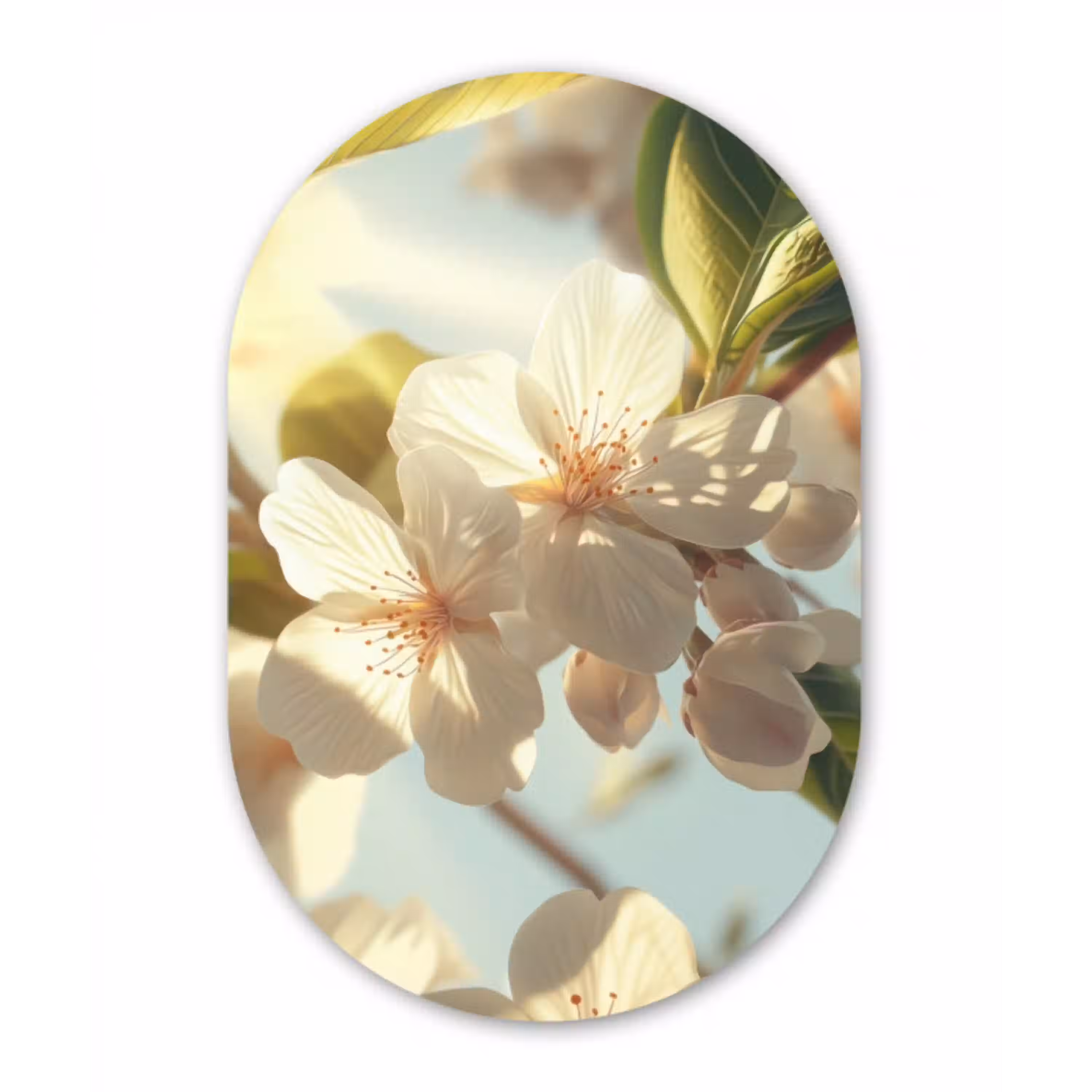Bloesems - Wit - Zonnestralen -  Bloemblaadjes Wandcirkel Ovaal Glas middel -3d