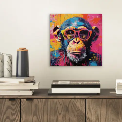 Graffiti - Chimpansee - Aap - Bril - Kleurrijk aluminium wit klein -sfeer1