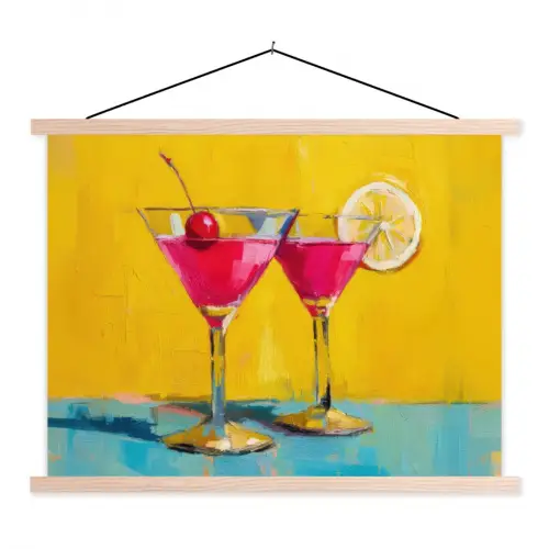 Glazen - Cocktail - Citroen - Kers textielposter latten blank klein -3d