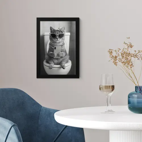 Kat - Telefoon - Toilet - Zwart - Wit fotolijst zwart zonder passe partout klein -sfeer4