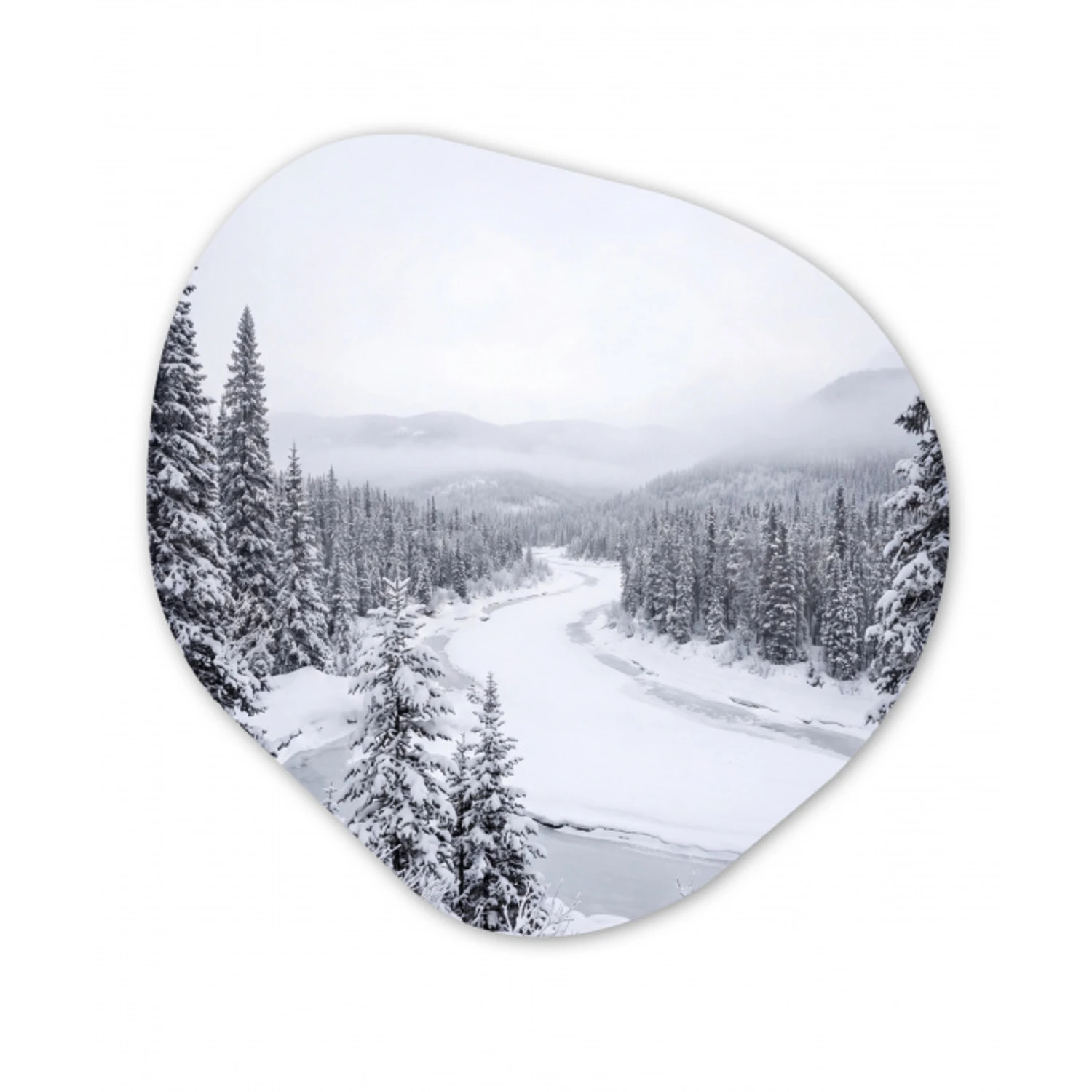 Rivier - Bevroren - Landschap - Winter Wandcirkel Organisch Aluminium middel -3d