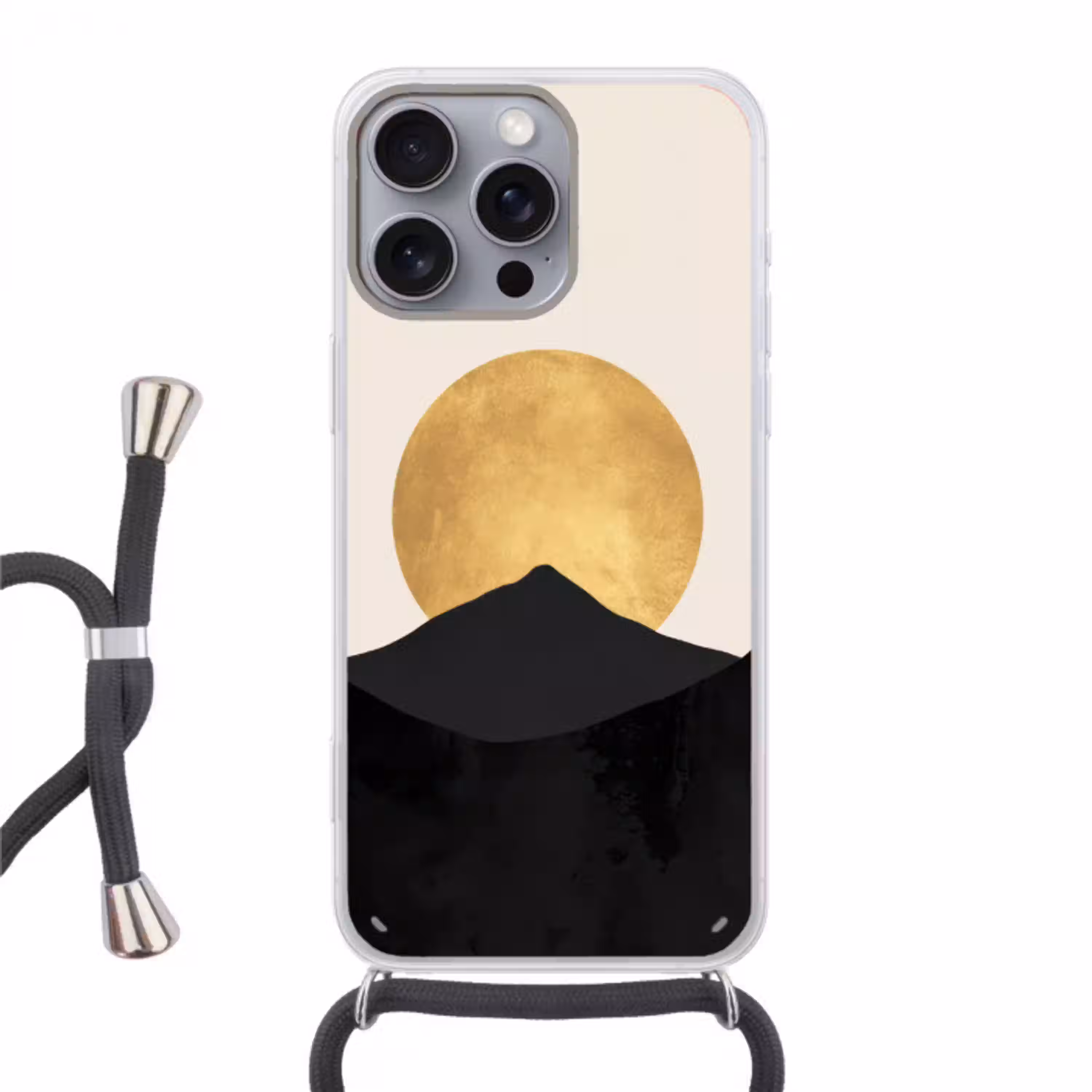 Bergsilhouetten - Gouden cirkel - Beige Hoesje iPhone 16 Pro Max met koord klein -3d