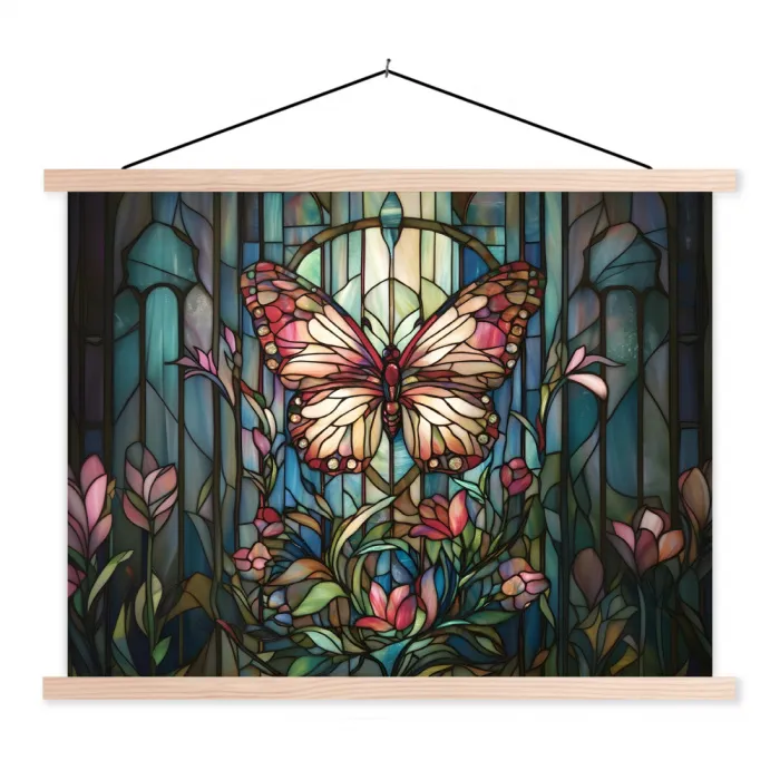 Vlinder - Roze - Bloemen - Bladeren textielposter latten blank klein -3d