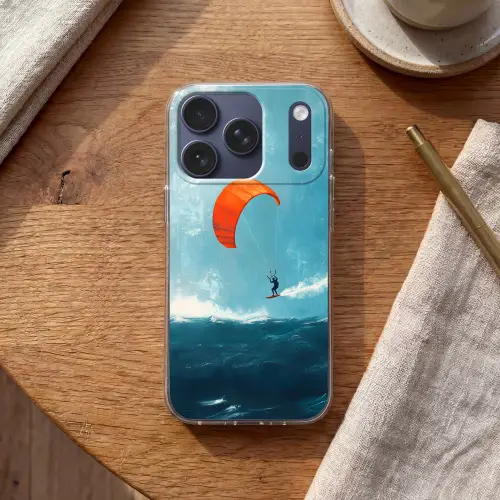 Kitesurfer - Oranje - Zee - Lucht Telefoonhoesje iPhone 17 Pro klein -sfeer1