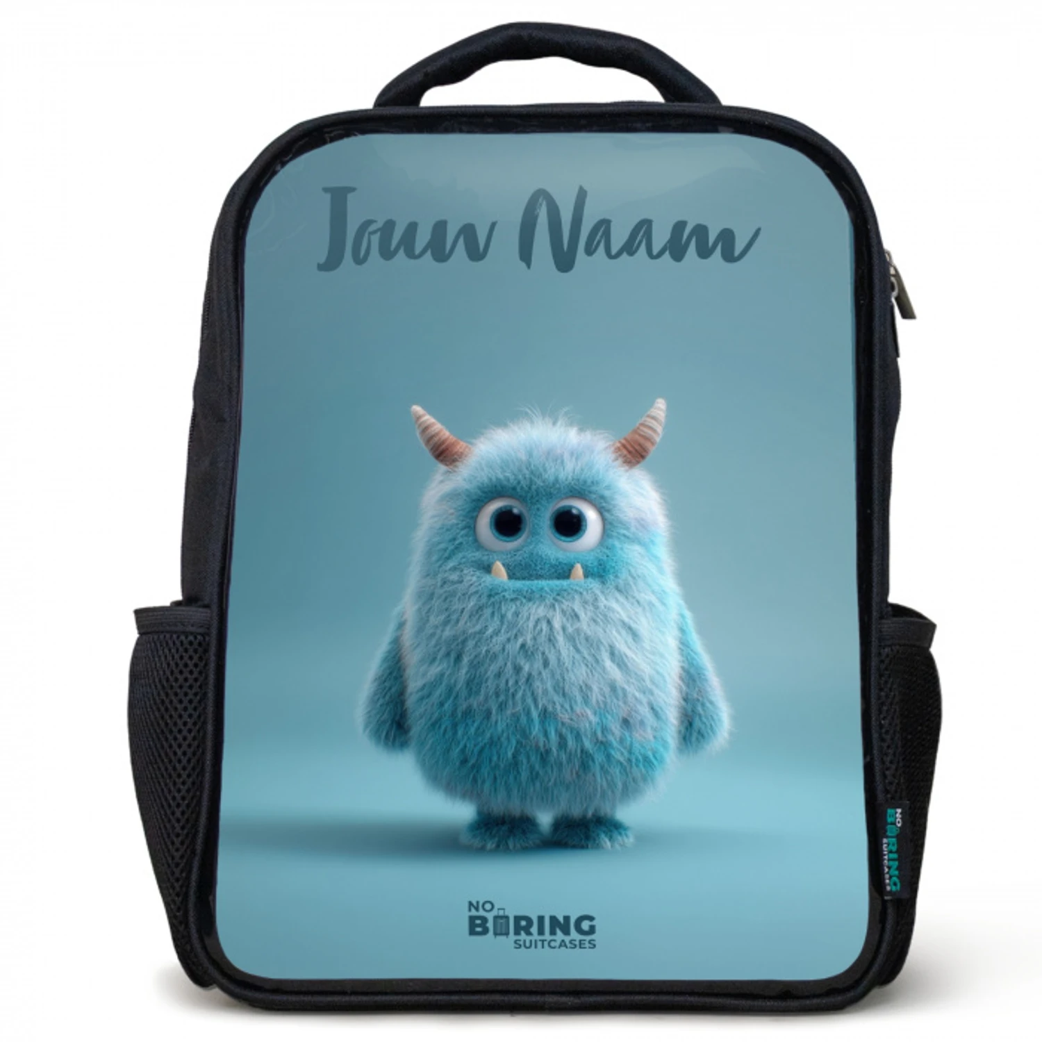 Blauw pluizig monster met hoorns Rugzak - Zwart middel -3d