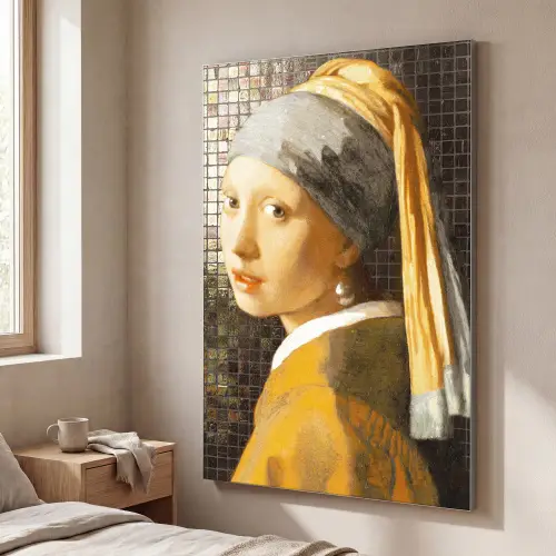 Meisje met de parel - Johannes Vermeer - Mozaïek Textielframe zilver middel -sfeer3