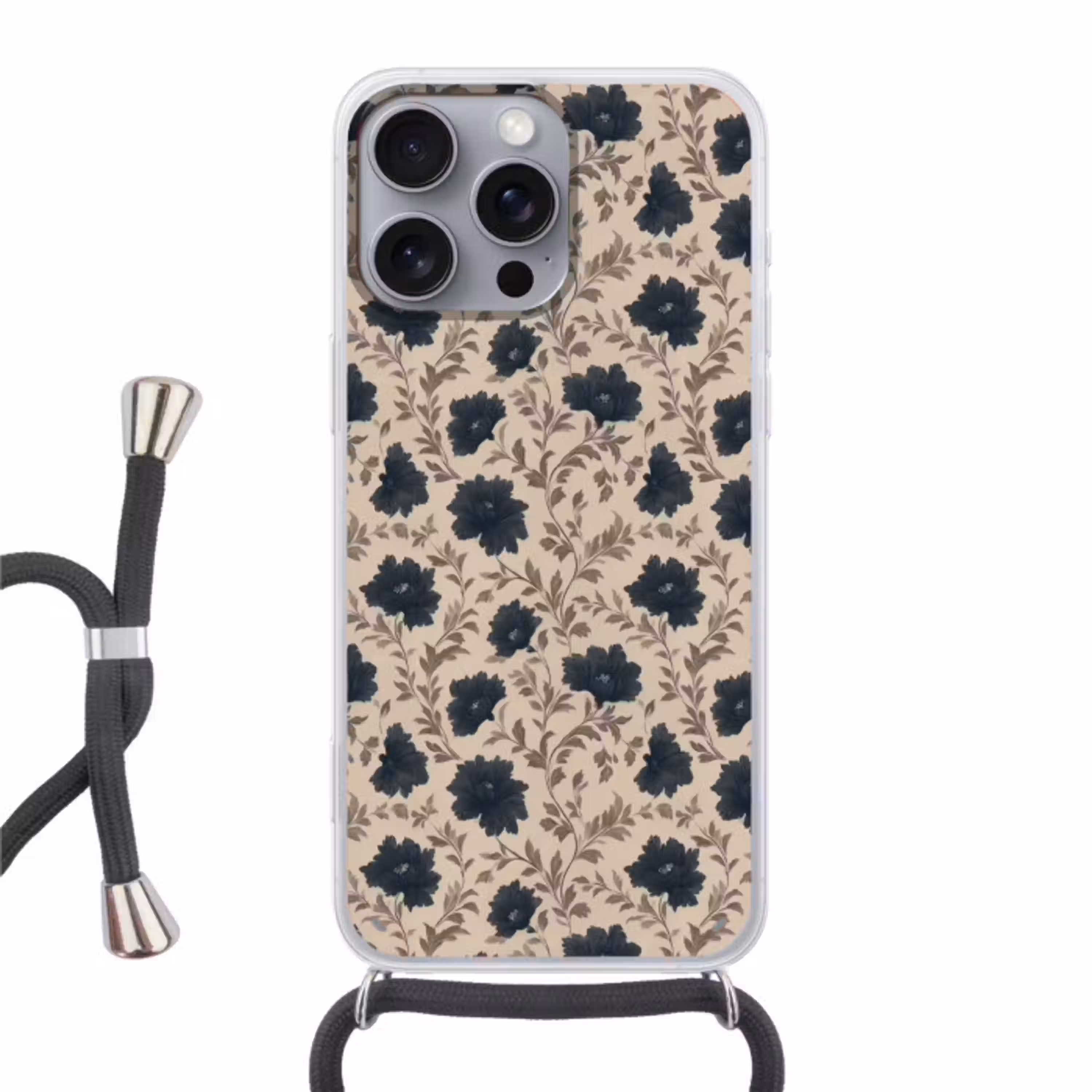 Motief - Bloemen - Zwart - Beige Hoesje iPhone 16 Pro Max met koord klein 804 -3d
