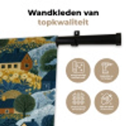 Huisjes - Bloemen - Patroon - Geel - Blauw Wandkleed katoen klein 269 -sfeer2