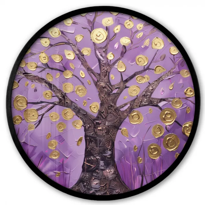 Levensboom - Boom - Paars - Goud - Modern Fotolijst rond zonder passe partout klein -3d